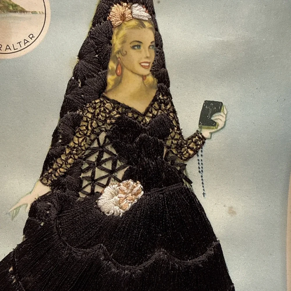 Antique Embroidered Framed Picture Women In Black Gown Signed